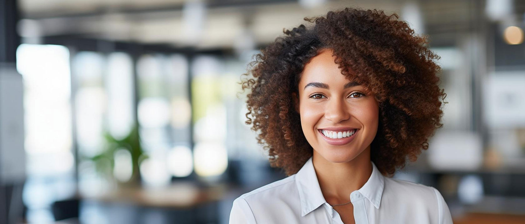 woman with curly hair smiling camera